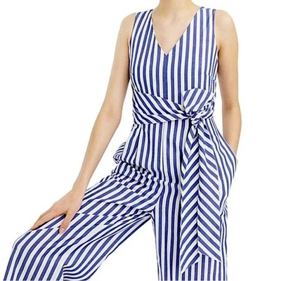 NUEVO CON ETIQUETAS J. Mono Crew Dark Matter sin mangas de popelina a rayas 4 piernas anchas azul Foto 1 de 4