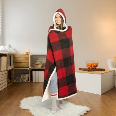 Hooded throw wearable blanket red buffalo plaid reversible sherpa - Image 1 of 3