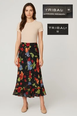 Falda midi floral tribal para mujer talla 10 negra multicolor rosas dobladillo con volantes boho Foto 1 de 4