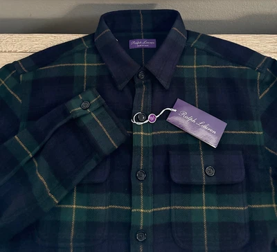 Ralph Lauren Purple Label Wool Cashmere Shirt L Blue Green Plaid L/S Italy $895 - Image 1 of 4