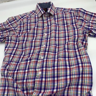 Men’s Size M Linea Uomo LU Stretch Button Up Plaid Shirt Down Short Sleeve Dress - Image 1 of 4