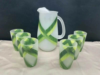 Conjunto de 7 peças ~ Vidro acetinado verde amarelo abstrato ~ (6) copos de suco (1) jarro - Imagem 1 de 4