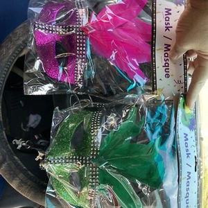 1-Mardi Gras Mask Feather Lace Venetian Mardi Gras Masks for GREEN Or PINK - Picture 1 of 5