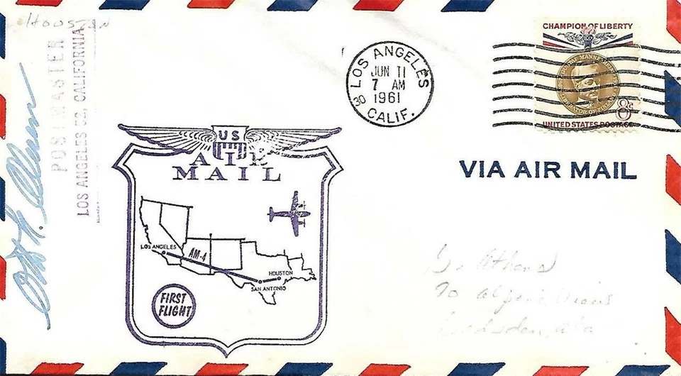 First Flight Cover Los Angeles CA - Houston TX June 11 1961 AAMC# 33E110 - Image 1 of 1