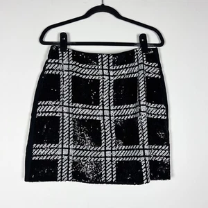 NEW Ted Baker Hoopss Check Sequin Embellished Sparkle Mini Skirt Black White 10 - Picture 1 of 4