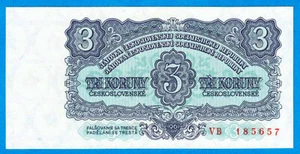 S4 - Czechoslovakia 3 Koruny 1961 Crisp Uncirculated Banknote P 82 SN: VB-185657 - Picture 1 of 2