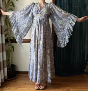 Vintage 70s Dress - Light Blue Floral Print Maxi - Angel Sleeve Cottagecore Boho - Picture 1 of 12