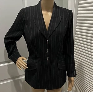 THIERRY MUGLER Vintage Jacke Wolle schwarz Nadelstreifen skulptural Größe Frankreich 44 - Bild 1 von 9