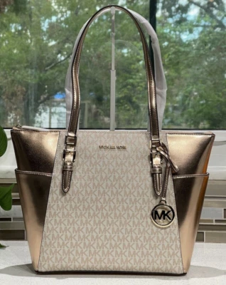 MICHAEL KORS CHARLOTTE LARGE TOTE SHOULDER BAG PURSE MK METALLIC ROSE GOLD LOGO - Image 1 of 4