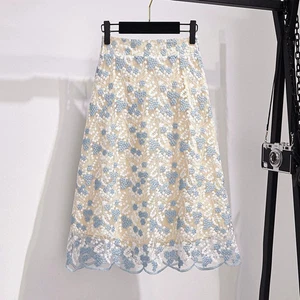 Damen Spitze Netz Rock Blumenmuster Stickerei A-Linie Slim Gummibund Rock S-3XL - Bild 1 von 10