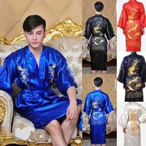 Men's Bathrobe Kimono Robe Gown Red-Black Biue Chinese Silk Style Clothing M-XXL - Picture 1 of 12