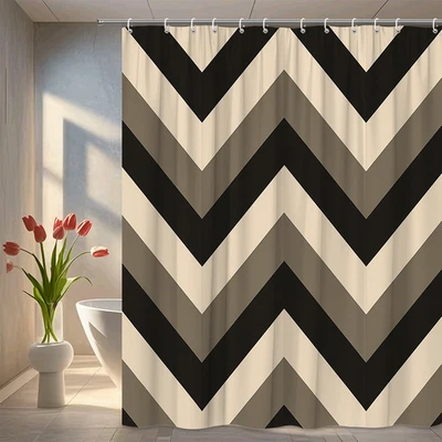 Cortina de Ducha Patrón Chevron en Negro y Beige, Decoración de Baño Moderna Foto 1 de 4