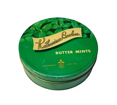 Antique 1951 Katharine Beecher Butter Mints Empty Tin Box Made In USA Round 14oz - Image 1 of 4