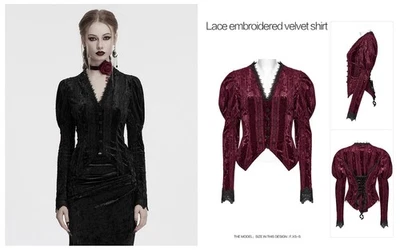Blusa Punk Rave Mujer Negra Gótica Encaje Bordada Terciopelo Manga Gigot Camisas Foto 1 de 4