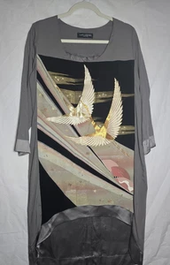 Handgefertigtes Lucy Agne Couture Satinkleid Gold fliegende Kraniche japanischer Kimono \ Obi - Bild 1 von 8