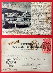 Cartolina chiaro di luna Vallorbe Svizzera 1900 veduta della città con carrozza trainata da cavalli (11473 - Foto 1 di 1