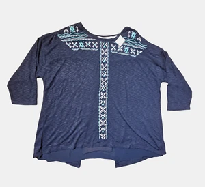 Cato Aztec Embroidered Hi Low Top Boho Womens 26/28W Split Back Detail Navy NWT - Picture 1 of 10