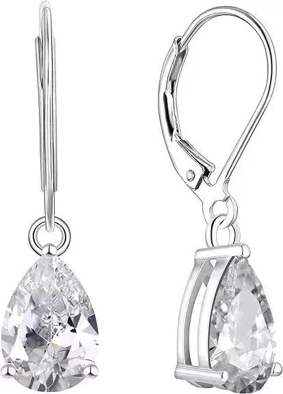 3Ct Pear Cut Real Moissanite Women's Dangle Drop Earring 14k White Gold Plated - Image 1 of 4