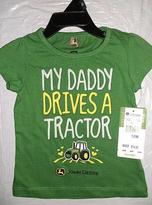 全新带标签 John Deere 女孩绿色 T 恤上衣 MY DADDY DRIVES A 拖拉机 12M 24M  — 第 1/2 张图片