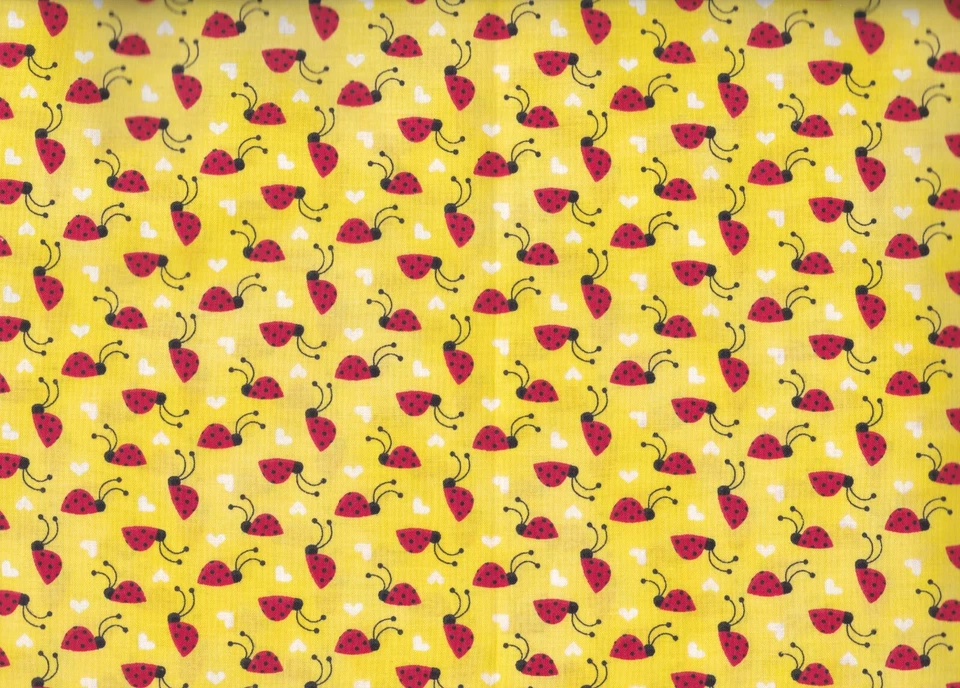 40 INCHES LADYBUGS & HEARTS on Yellow Print 100% Cotton Quilt Fabric by PIECE - Image 1 of 2
