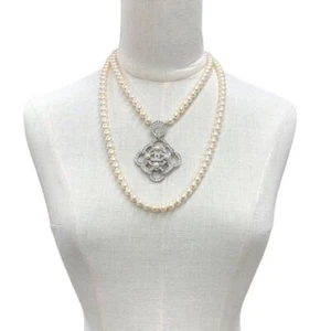 Chanel Coco Mark Rhinestone Bijou Pearl Necklace Silver 60cm Chain Accessary - Picture 1 of 6