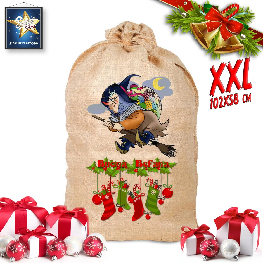 SACCO BEFANA IN JUTA SACCO CALZA IDEA REGALO NOME A SCELTA XXL102x58cm