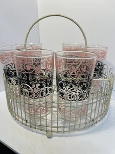 6 MCM Vintage Anker Hocking Schmiedeeisen rosa schwarz Glas Becher mit Caddy 5"" - Bild 1 von 4