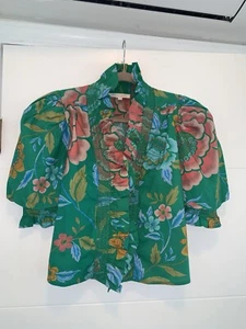 Love The Label Zuri Smocked Ruffle Button Down Top Women's Emerald Size XS - Picture 1 of 5