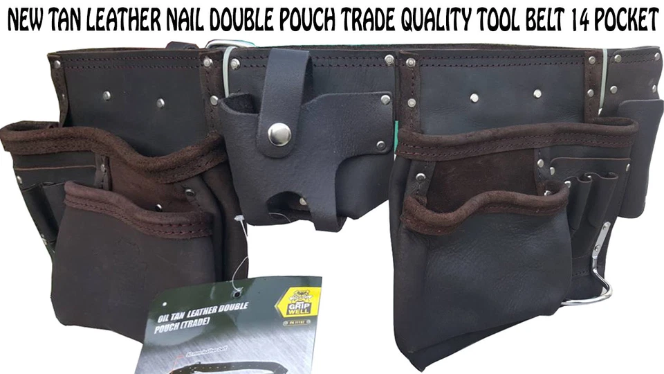 Tan Leather nail Double Pouch TRADE QUALITY TOOL BELT 14 POCKET BAG GRIP WEL