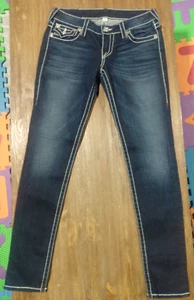 True Religion Jeans Womens Sz 28 Blue Flap Pockets Thick Stitching Dark Wash EUC - Picture 1 of 8