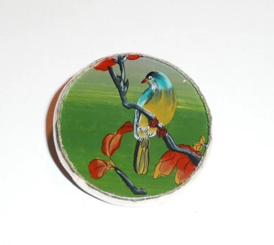 Bird Yellow & Blue Primitive Reverse Paint Glass & Metal Shank Button 1-3/8" - Image 1 of 4
