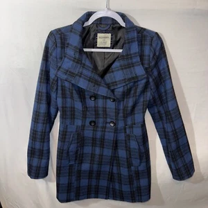 Old Navy Black and Blue Plaid Recycled Wool Blend Pea Coat Size X-Small - Picture 1 of 6