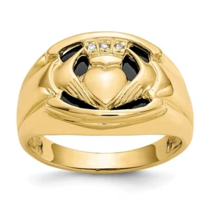 10K Yellow Gold Men's 0.01Ct Diamond and Black Onyx Claddagh Ring size 10 - Picture 1 of 6
