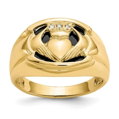 Anillo Claddagh de oro amarillo de 10 quilates con diamantes de 0,01 quilates y ónix negro para hombre talla 10 Foto 1 de 4