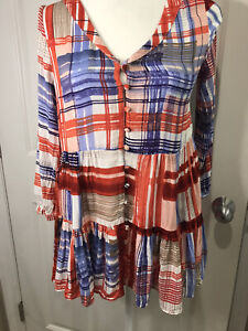 Red White Blue And A Little Brown Button Front Blouse By Maeve. Size XS