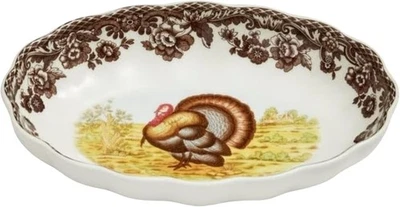 Spode Woodland Turkey Oval Fluted Dish - Porcelain Thanksgiving Tray, Serve Appe - Image 1 of 4