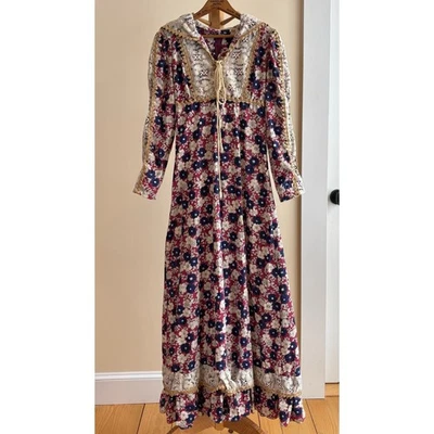 РЕДКИЙ винтажный цветочный Gunne Sax капюшон длинным рукавом прерии макси платье размер 9 маленький - Изображение 1 из 4