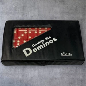 27 Vintage RED Excite #6621 Double Six Dominoes in Original Vinyl Snap Shut Case - Picture 1 of 3