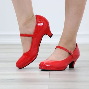 Rote Lackschuhe Rockabilly Vintage-Stil runde Spitze Kätzchen niedriger Absatz - Bild 1 von 12