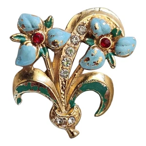 Vintage Red & Clear Rhinestones Enamel Goldtone Flower Bouquet Brooch  - Picture 1 of 14