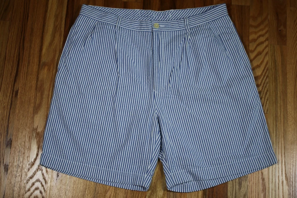 Pantalones Cortos NAUTICA Rigger Clásicos Doble Plisado Seersucker Azul Rayas Algodón Talla 36 Foto 1 de 4