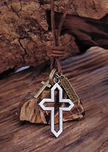NN281 Brown Surfer Cute Metal Cross Pendant Charm Long Leather Necklace Mens New - Picture 1 of 10