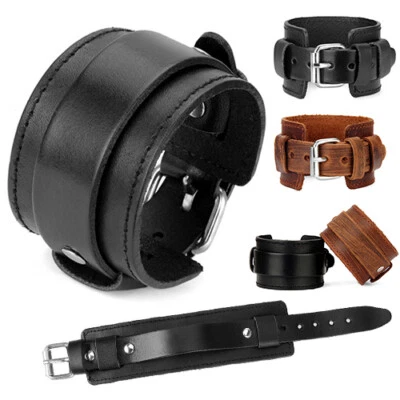 Wide Cuff LEATHER WRISTBAND WRIST STRAP BAND BRACELET PUNK  Buckle Fastening  - Image 1 of 4