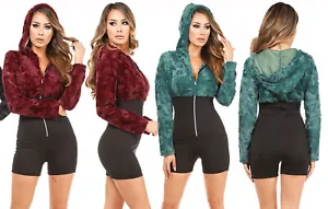 Women's Casual Long Sleeve Fur Contrast Zip Up Mini Hooded Cute Romper Jumpsuit - Picture 1 of 35