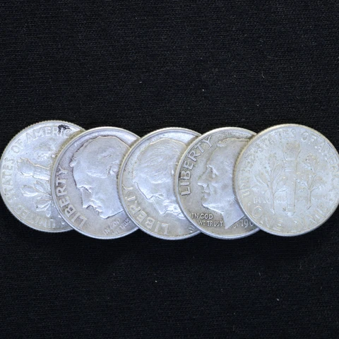 Lot of 5 ($.50 FV) Roosevelt Silver Dimes, various dates (1946-64) FREE SHIPPING Cover