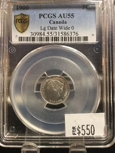 1900  Wide "0" PCGS Graded Canadian Small Silver Five Cent, **AU-55**  6376 - Bild 1 von 2