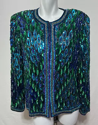 Bloomingdales Women Sequin Beaded Large Jacket Formal Dress Top Blue Green Silk - Image 1 of 4