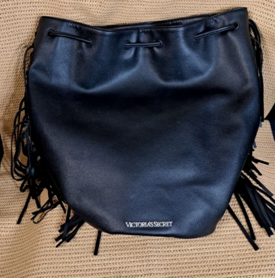 Victoria Secret Backpack Purse Bag Drawstring BOHO  Fringe Black Faux Leather - Image 1 of 4