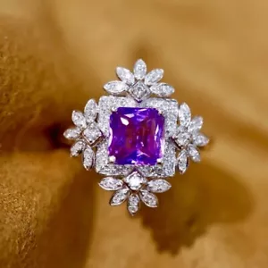 Shiny Asscher Cut Amethyst Floral Cluster Handmade Ring In 935 Argentium Silver - Picture 1 of 8