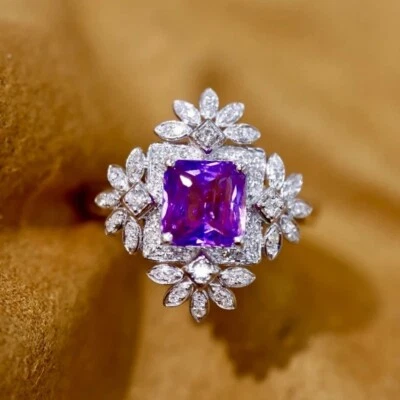 Shiny Asscher Cut Amethyst Floral Cluster Handmade Ring In 935 Argentium Silver - Image 1 of 4